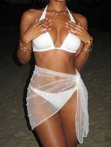 Vaytide 人造珍珠裝飾側打結薄透沙灘纏腰式半身裙不附比基尼 - 白色 - 查看 4