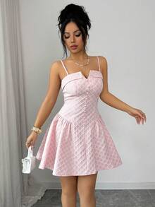 Elenzga Vestido mini de línea A sin mangas, con diseño de cintura ceñida, elegante y dulce, romántico y sexy para vacaciones. Vestido de princesa con botones y textura de cuadros, sin mangas, color rosa. - Rosa Pálido - Ver 4