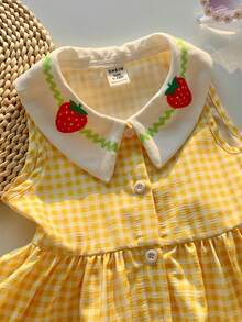 女宝宝夏季可爱黄色格子草莓图案彼得潘领连衣裙 - 黃色 - 查看 4