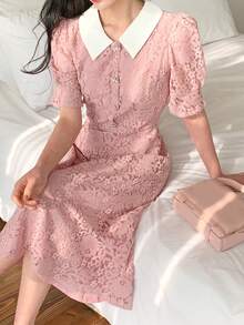 DAZY 女士优雅蕾丝花瓣袖中长连衣裙，夏季 - 淺粉色 - 查看 2