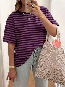 EMERY ROSE 条纹圆领休闲短袖T恤，大码女式T恤，夏季 - 彩色 - 查看 1