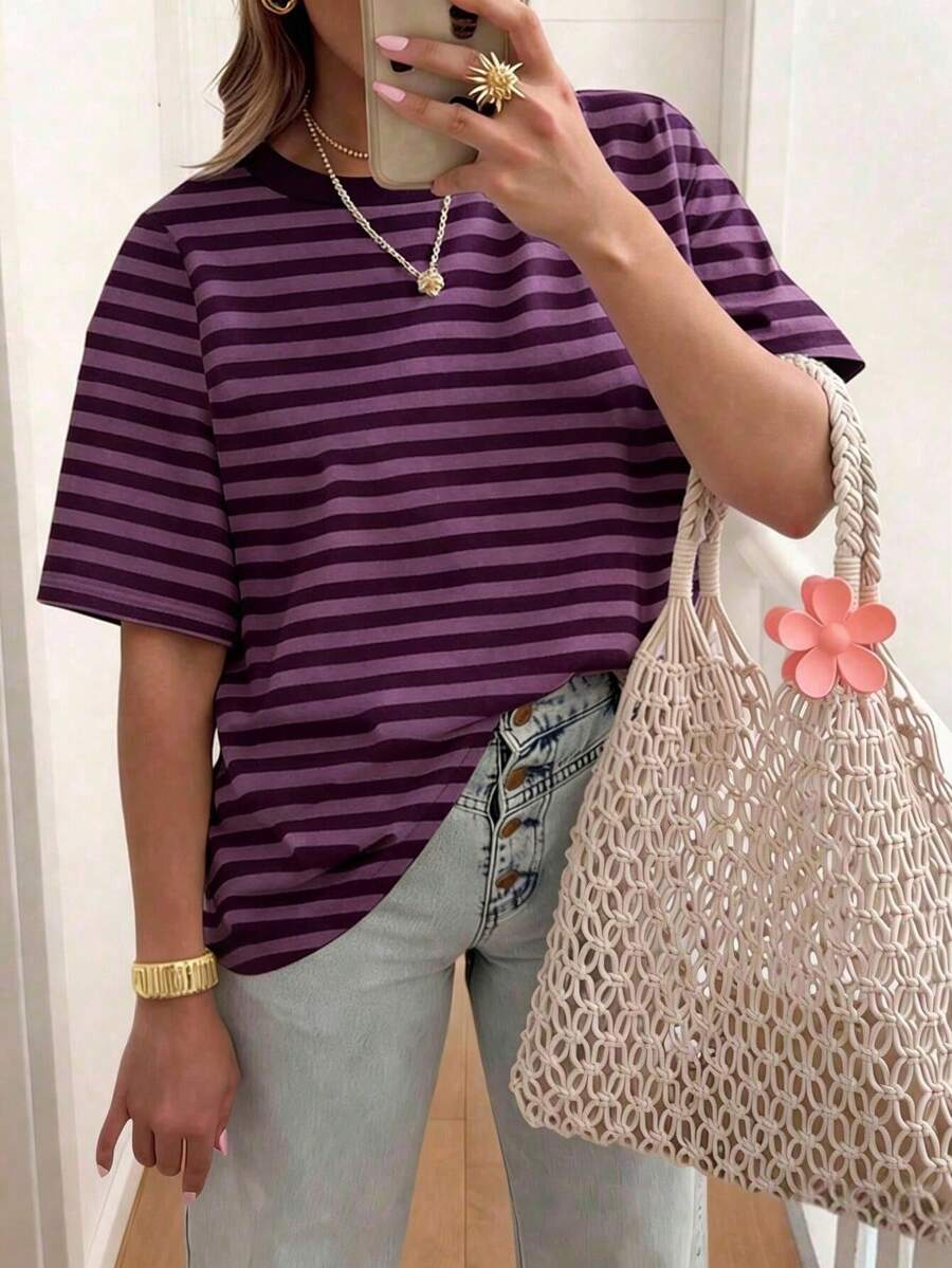 EMERY ROSE 条纹圆领休闲短袖T恤，大码女式T恤，夏季 - 彩色 - 查看 1