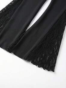 Ellevyn 女士蕾丝休闲百搭日常喇叭裤黑色长裤女士夏季黑色针织弹力打底裤裤脚饰有蕾丝花边，性感、百搭又优雅。黑色长裤哥特风长裤女士喇叭裤女士喇叭打底裤 - 黑色 - 查看 4