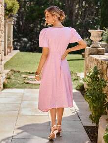 KARISMINA 女士纯色V领短袖中长针织连衣裙，春夏款 - 淺粉色 - 查看 2