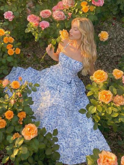 SHEIN MOD 女士印花荷叶边系带前开襟露胸吊带夏季连衣裙