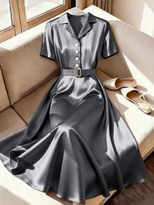 GlowEve CURVE Plus Size Solid Color Front Button Belted Waist Elegant Short Sleeve Dress - Grey - View 3