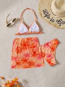 SHEIN Tween Girl Casual Vacation Beach Tropical Floral Print 3-Piece Bikini Set, Sweet & Vibrant Orange - Orange - View 2