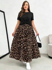 Shapeblank 大码女式休闲度假风时尚街头风短袖黑色T恤和豹纹半身裙两件套，春夏两件套女装，女士长裙套装，大码两件套女装，豹纹长裙套装，两件套女装，女士度假套装，女士两件套，女士休闲两件套，动物园主题两件套女装，平价两件套女装，女士两件套女装，女士两件套女装，女士长裙两件套 - 彩色 - 查看 3