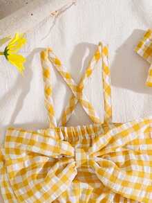 SHEIN Vintaside Kids 2件套女婴时尚可爱条纹露肩连体衣和发带套装，夏季派对 - 黃色 - 查看 5