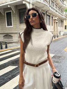 Firerie Áo vest len không tay cổ cao dáng rộng thanh lịch, đa năng dành cho nữ, thích hợp cho các buổi hẹn hò, phong cách sang trọng. - Màu be - Xem 8