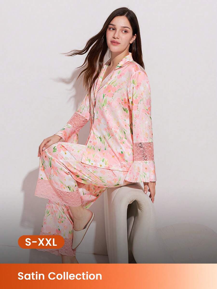 LUVLETTE 优雅性感粉色碎花睡衣套装 - 长袖上衣和蕾丝边阔腿裤，迷人家居服睡衣 - 粉色 - 查看 1