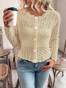 EMERY ROSE Women's Round Neck Hollow Front Button Cardigan, Autumn/Winter Knitted Sweater Jacket - Beige - View 5
