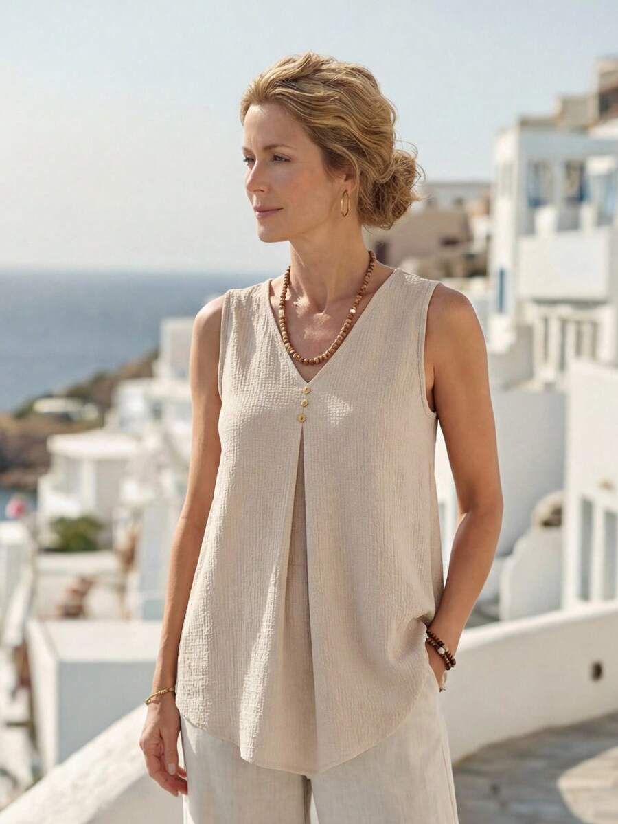 Faunlyn Áo ba lỗ nữ cổ chữ V màu trơn thường ngày đi nghỉ, thích hợp cho mùa hè - Màu be - Xem 1