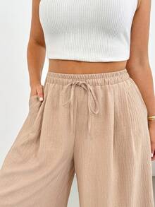 Shapeblank Quần ống rộng lửng cạp chun màu mơ dành cho nữ cỡ lớn thời trang xuân hè, dáng rộng thoải mái, đa năng, tôn dáng, thích hợp mặc hàng ngày, phối đồ mùa hè, quần nữ, quần rộng, quần short mùa hè, phong cách đơn giản - Màu be - Xem 7