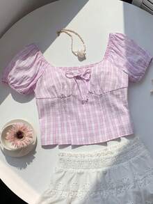 SHEIN Comfortcana Women's Summer Floral Print Petal Sleeve Blouse With Bow Decor, Countryside Vacation Style Tops For Women Summer Cute Cute Blouses Babydoll Tops,Summer Top - Mauve Purple - View 3