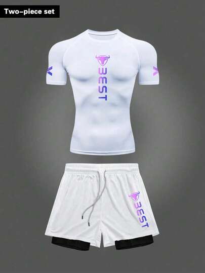 Manfinity Sport Corelite 男士字母印花插肩袖T恤和双层短裤运动套装
