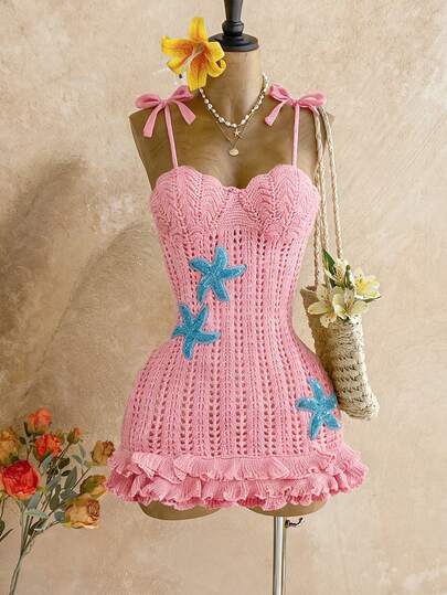 Soleia Đầm dệt kim cổ yếm xếp ly đôi, họa tiết sao biển màu đào dành cho nữ, thích hợp cho kỳ nghỉ, hẹn hò, tiệc trà chiều, đi biển, du thuyền, du lịch thành phố, mùa cưới, lễ hội âm nhạc, kỳ nghỉ phong cách boho.