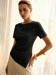 MOTF PREMIUM Áo thun ngắn tay cổ tròn xếp ly bất đối xứng bằng cotton, thích hợp cho mùa xuân/hè. - màu đen - Xem 7