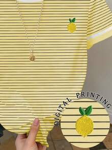 Resyla 女士休闲柠檬刺绣条纹圆领短袖T恤，夏季 - 彩色 - 查看 5