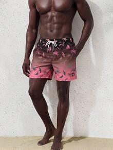 Manfinity Swimmode 男士抽绳腰带全印花休闲时尚沙滩短裤 - 中紫紅色 - 查看 6