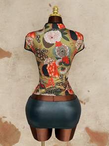 Sunspun Camisa de manga corta ajustada con cuello Mao y bloques de color, talla grande - Multicolor - Ver 2