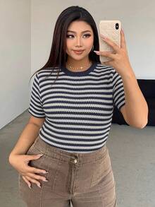 Dazy Petite Plus 大码撞色条纹短袖T恤，棕色，春夏款 - 藏蓝色 - 查看 6