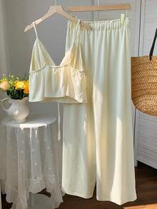 Conjunto de 2 piezas de camiseta de tirantes y pantalones de lino negro para mujer, conjunto de verano - Blanco - Ver 2