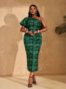 Lunelith SHEIN Lunessa Women's Summer Fashionable Vacation Style All-Over Print Flutter Sleeve Fitted Dress - Green - View 3