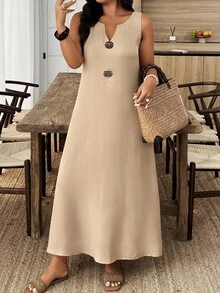 Breezaya Plus Size Women V-Neck Sleeveless Casual Loose Dress - Apricot - View 1