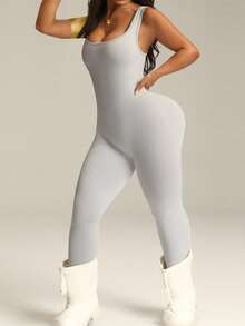 Rhythm Era Women's Seamless Plus Size Light Grey Sports Capri Jumpsuit, Suitable For Yoga, Outdoor And Daily Wear - Grey - View 4