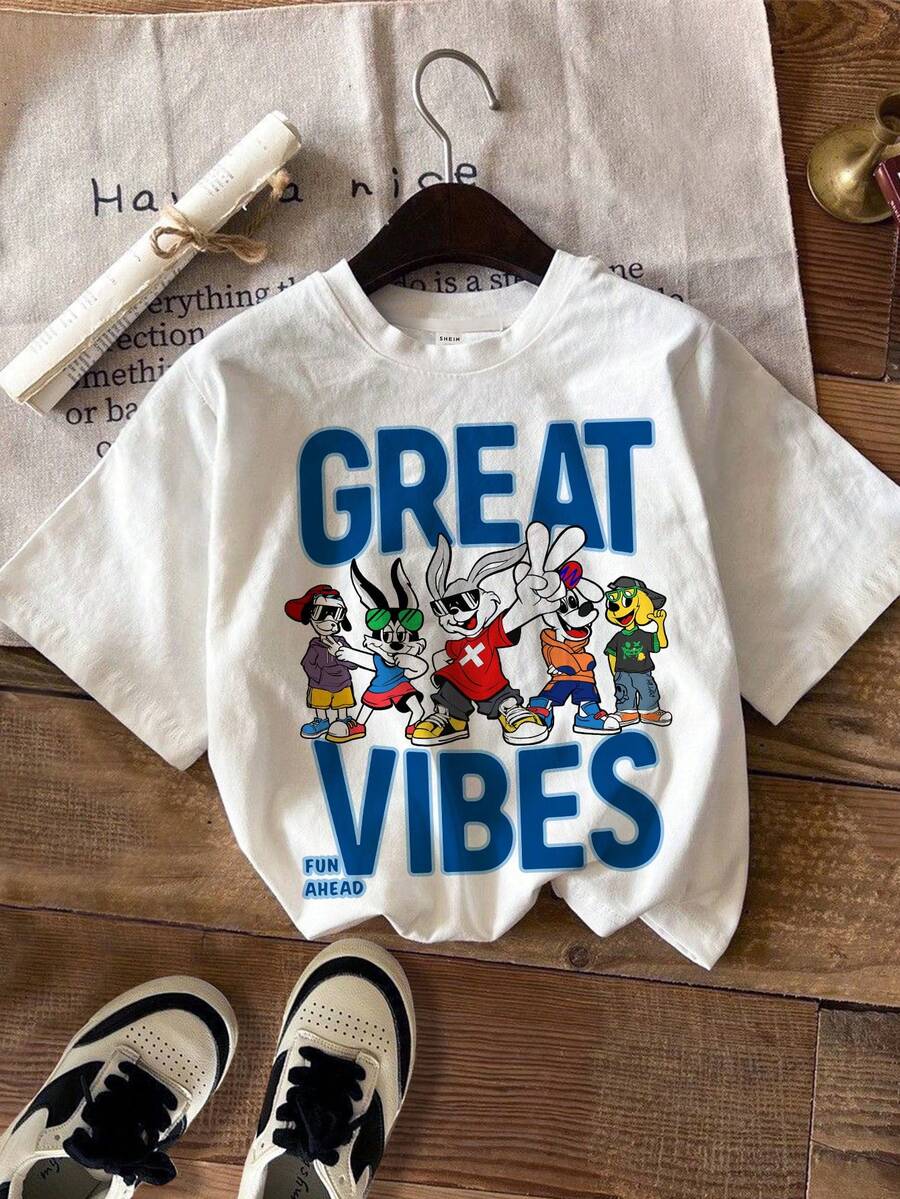 SHEIN ModeFlare Wear Young Boy Casual Minimalist Letter Graphic Short Sleeve Crew Neck T-Shirt, Cotton Blend, Suitable For Summer - White - View 1