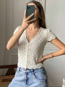 DAZY 女士纯色镂空V领短袖优雅度假开衫，春秋季 - 白色 - 查看 3