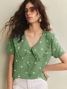 Écloséra Elegant Green Floral Ditsy Print Ruffle Collar Short Sleeve Button-Front Women Blouse,Summer Daily Casual Modern Tea Party Clothes For Ladies - Green - View 3