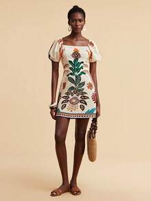 Travachic Women's Spring/Summer Tropical Plant Print Collar Petal Sleeve Short Dress - Multicolor - View 3