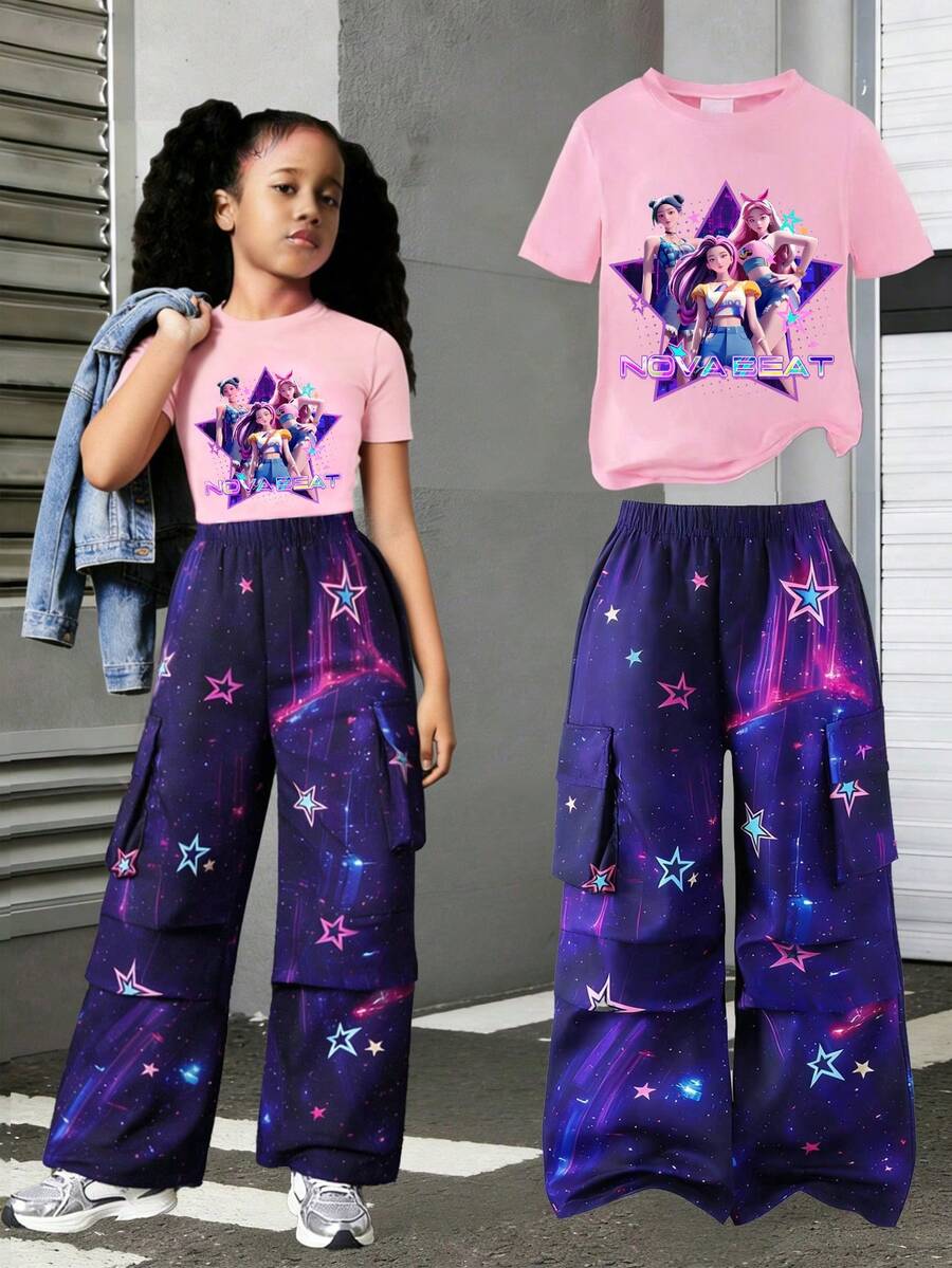 2pcs/Set Young Girls Graphic Tee & Ombre Star Print Cargo Pants, Suitable For Music Festivals, Street Hip Hop, Summer Comfortable Pink T-Shirt Set - Multicolor - View 1
