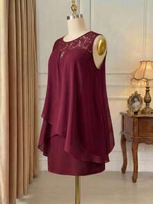 Rometta Dress Ukuran Plus Asimetris Kontras Lace Membungkus Plain Anggun - Burgundy - View 2