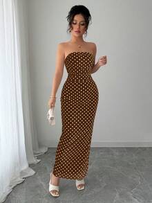 Rafferiza 女士优雅波点网纱褶皱腰部无肩带网纱连衣裙 - 咖啡棕 - 查看 5