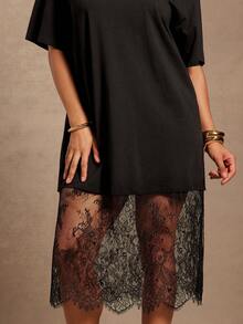 Vixey Lace Hem Drop Shoulder Round Neck Midi Shirt Dress - Black - View 3