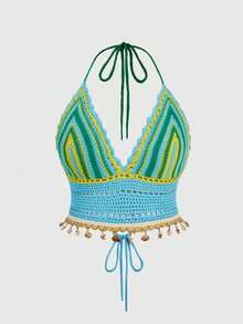 ROMWE Hippie 大码撞色条纹露背吊带针织上衣 - 彩色 - 查看 1