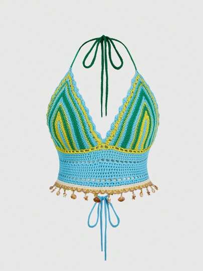 ROMWE Hippie Summer Outfits Plus Size Contrast Stripe Pattern Halter Backless Knit Top