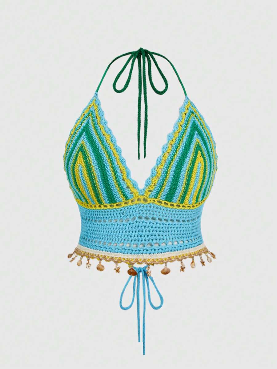 ROMWE Hippie 大码撞色条纹露背吊带针织上衣 - 彩色 - 查看 1