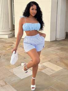 Alexandranx Atasan Camisole Crop Berkerut Warna Polos untuk Wanita, Biru, untuk Musim Panas - Biru - View 3