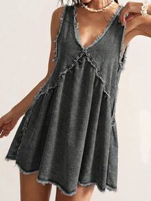 Bohemela Plus Size Solid Color Minimalist Sleeveless Denim Dress, Casual Everyday Wear - Black - View 5