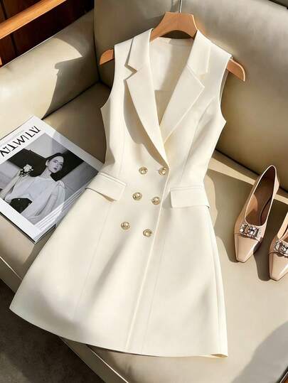 Franclia 女士纯色翻领双排扣无袖优雅连衣裙