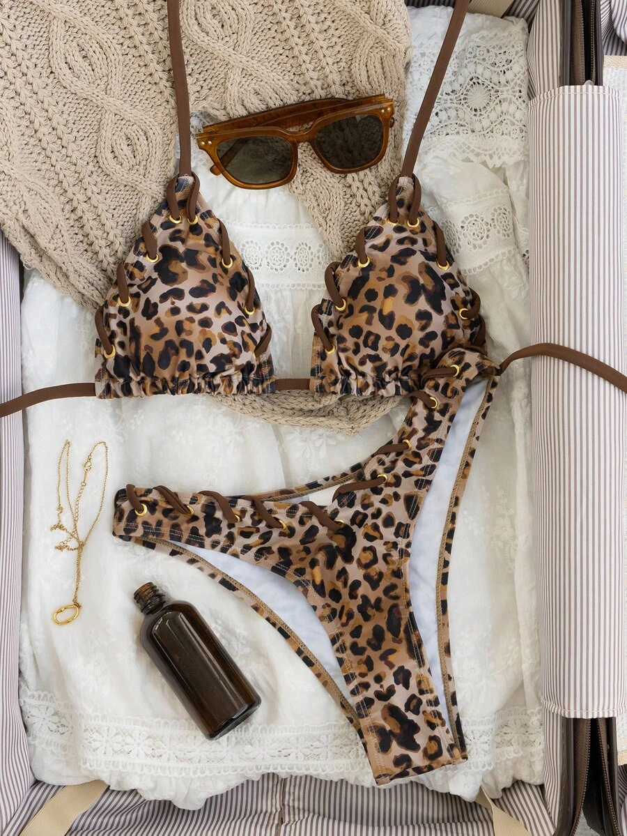 Oceva Bộ bikini hai mảnh họa tiết da báo, dây buộc cổ dành cho nữ - Nhiều màu - Xem 1