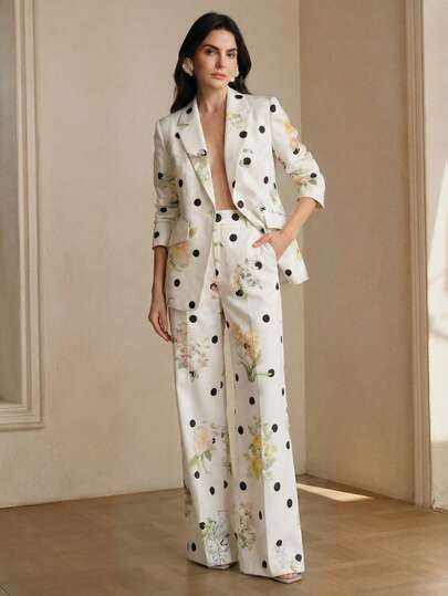 Anewsta Pantalones elegantes y estilizantes con estampado de lunares y flores de alta gama para mujer, adecuados para salir, fiestas y ocasiones formales