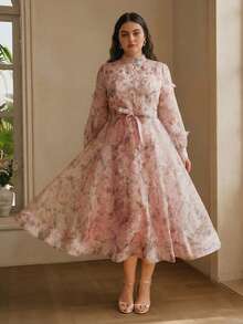 Anewsta Vestido longo feminino plus size elegante com estampa floral miúda, mangas compridas, babados, detalhes em pérolas e strass, modelagem que afina a cintura, novidade da coleção primavera/verão. - Rosa - Ver 4
