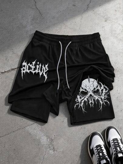 Sport MetroGents 男士休闲骷髅印花抽绳腰运动短裤，夏季