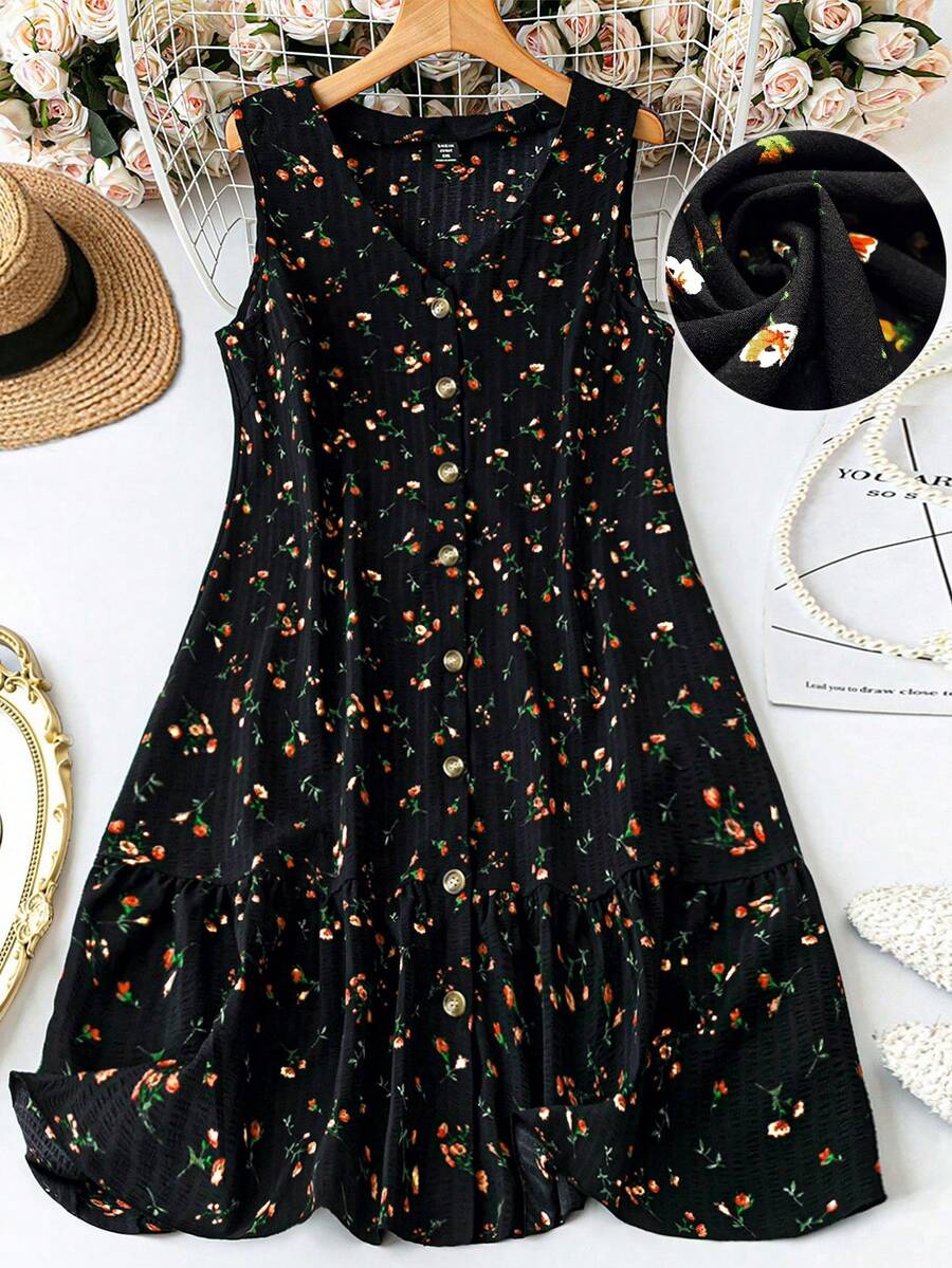 SHEIN LUNE Plus Size Women Sleeveless V-Neck Floral Print Casual Dress With Ruffled Hem,Button Front,Black,Summer,Boho,Vacation,Holiday Striped Screen Printing - Multicolor - View 1