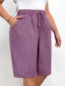 EMERY ROSE Plus Size Women Solid Color Drawstring Waist Pocket Casual Versatile Daily Wear Shorts - Dusty Pink - View 3